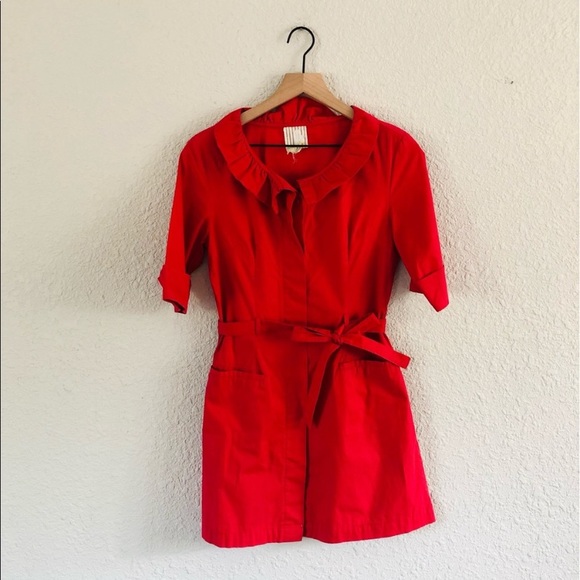 Anthropologie Red Button-Down Tie Waist Dress Sz S - Picture 1 of 8